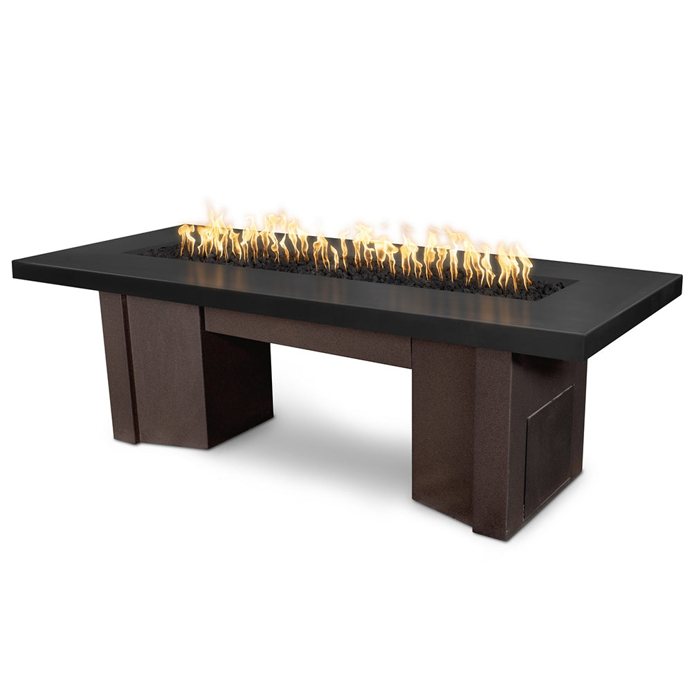 Linear gas fire pit table with dark tabletop and brown powder-coated steel base, flames inside