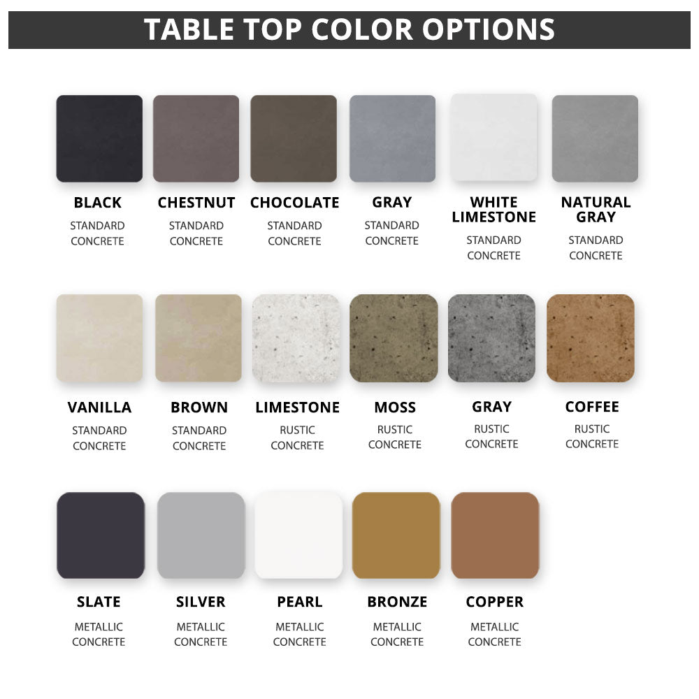 Table top color swatches chart with labeled concrete finishes, from black to coffee