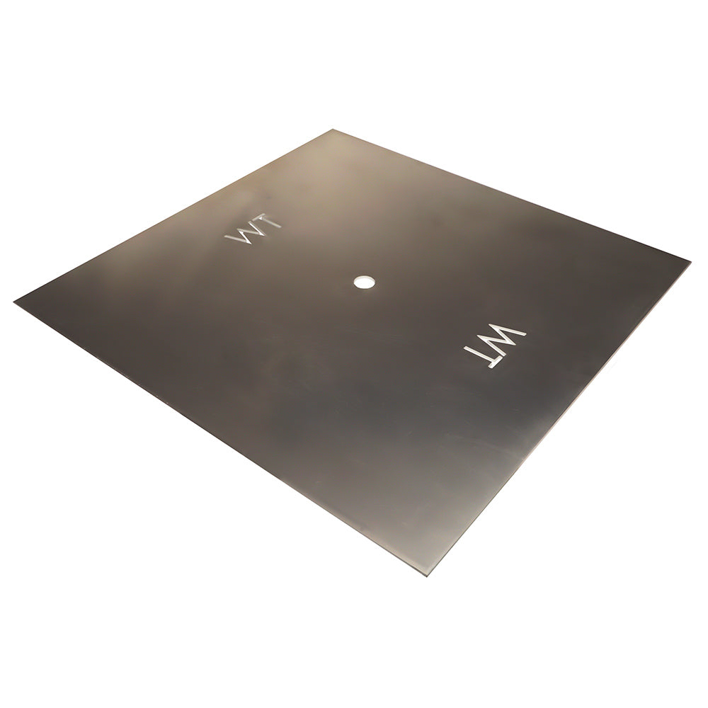 Square aluminum fire pit burner plate with two circular openings and logo