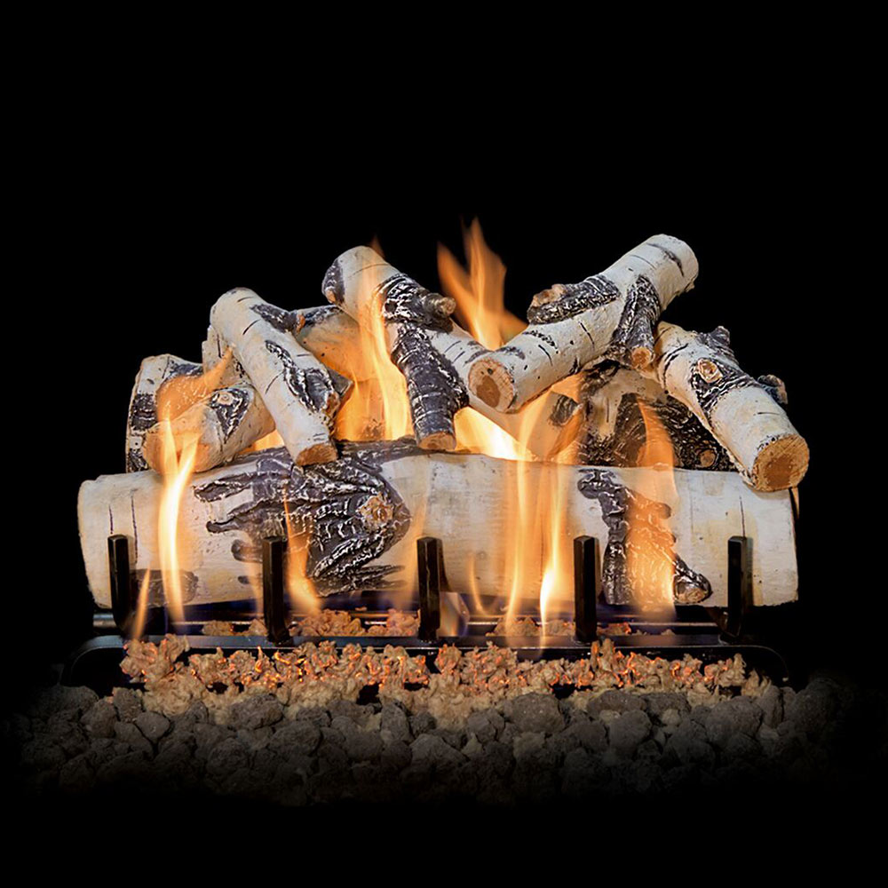 Vented gas log set with white faux logs, glowing embers, and orange flames