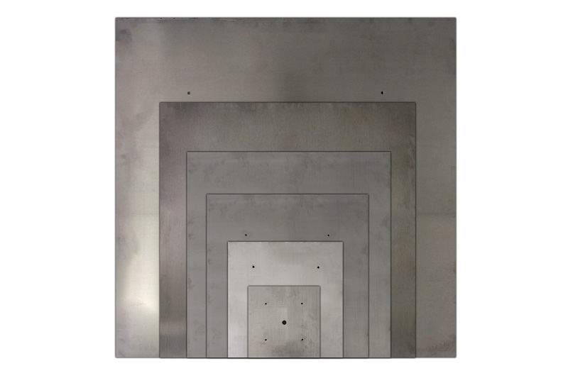 Flat square fire pit burner pan with nested square cutouts and small holes