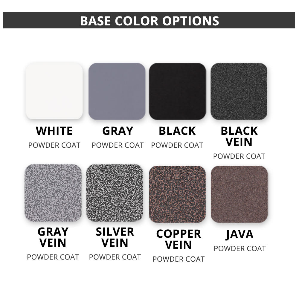 Base color swatches chart with powder coat options, including white and black ven