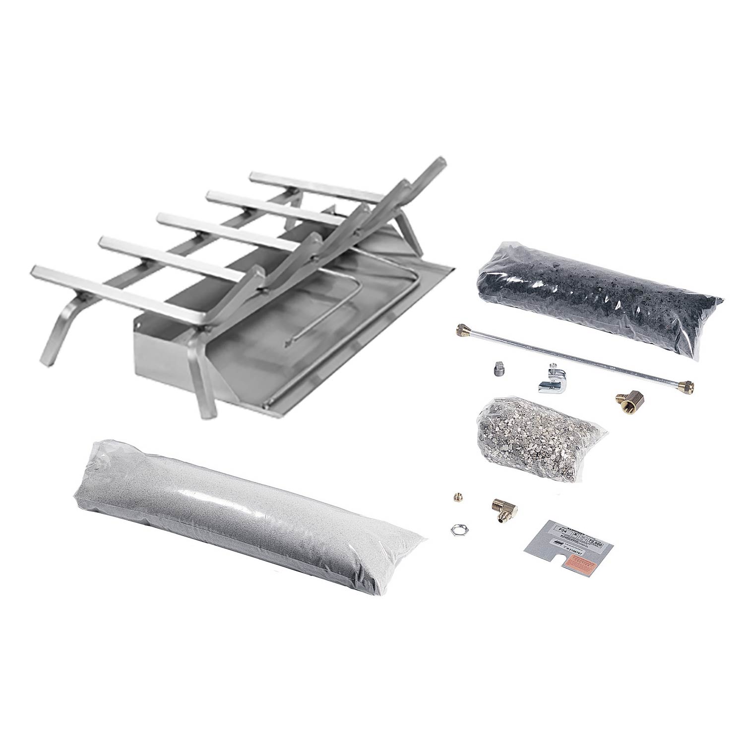 Stainless steel burner and grate kit with mounting hardware and insulating wraps