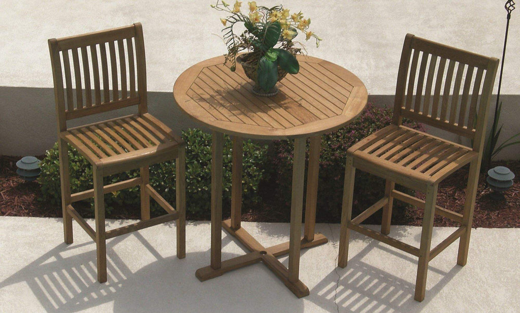 Set of two teak bar chairs with slatted backs and seats, angled view