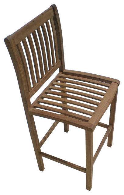 Teak bar chair with slatted back and seat, square legs and armrests