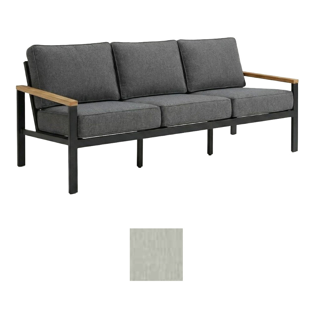 Dark gray padded bench sofa with three back cushions, black frame, teak arm rail