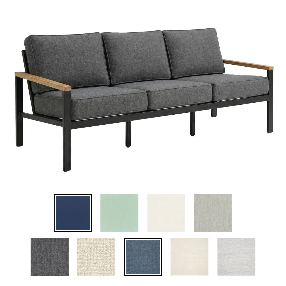 Barcelona outdoor sofa with dark gray cushions and black teak frame