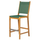 Teak bar sling chair with moss green fabric seat and backrest.