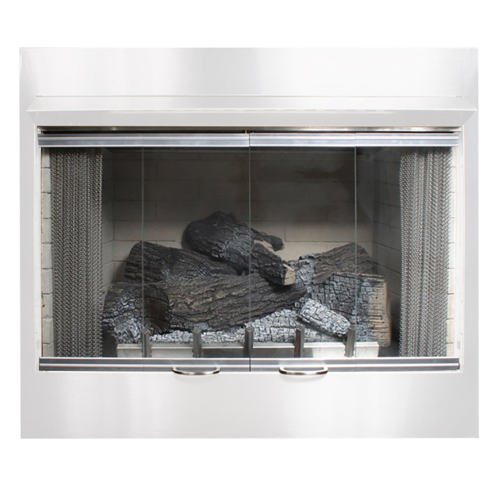 Outdoor bi-fold glass fireplace doors with stainless steel frame and mesh side screens