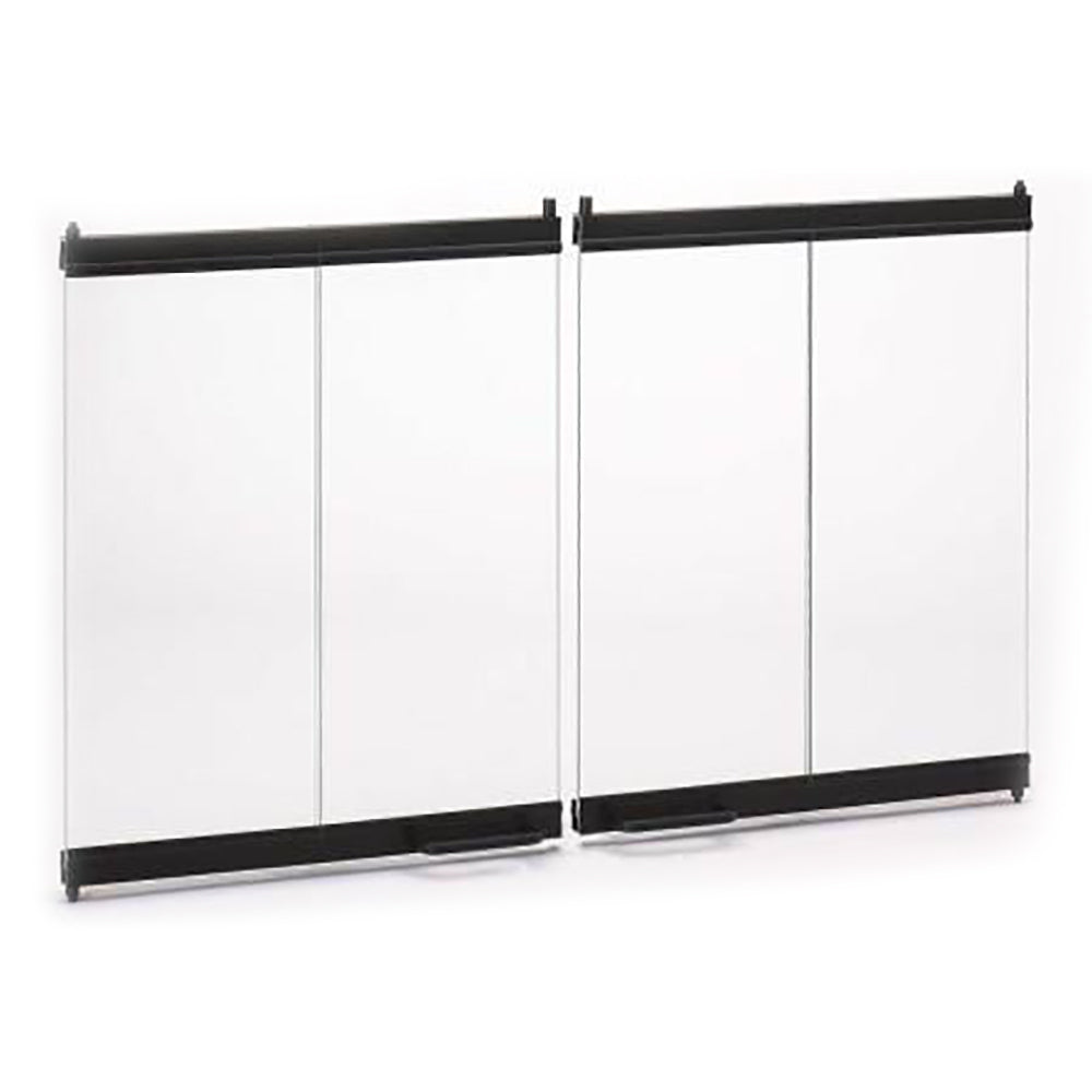 Bi-fold glass fireplace door with black finish, two panels and handle bars