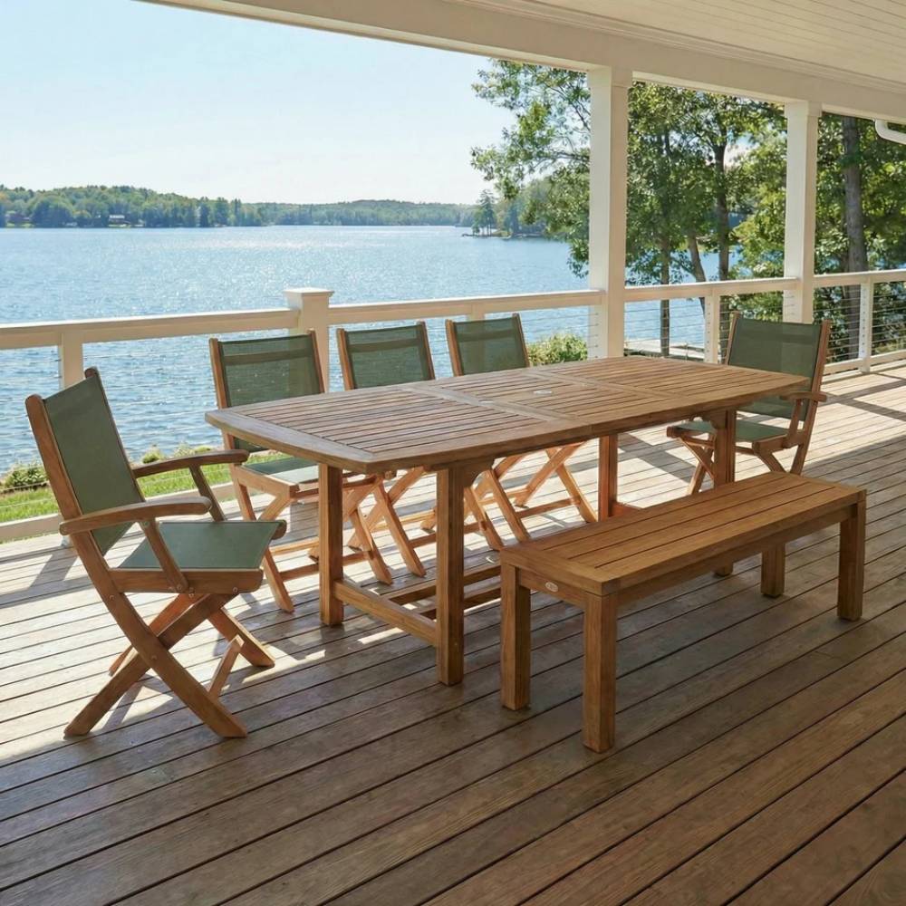 Solid teak dining bench with backless rectangular seat and tapered legs