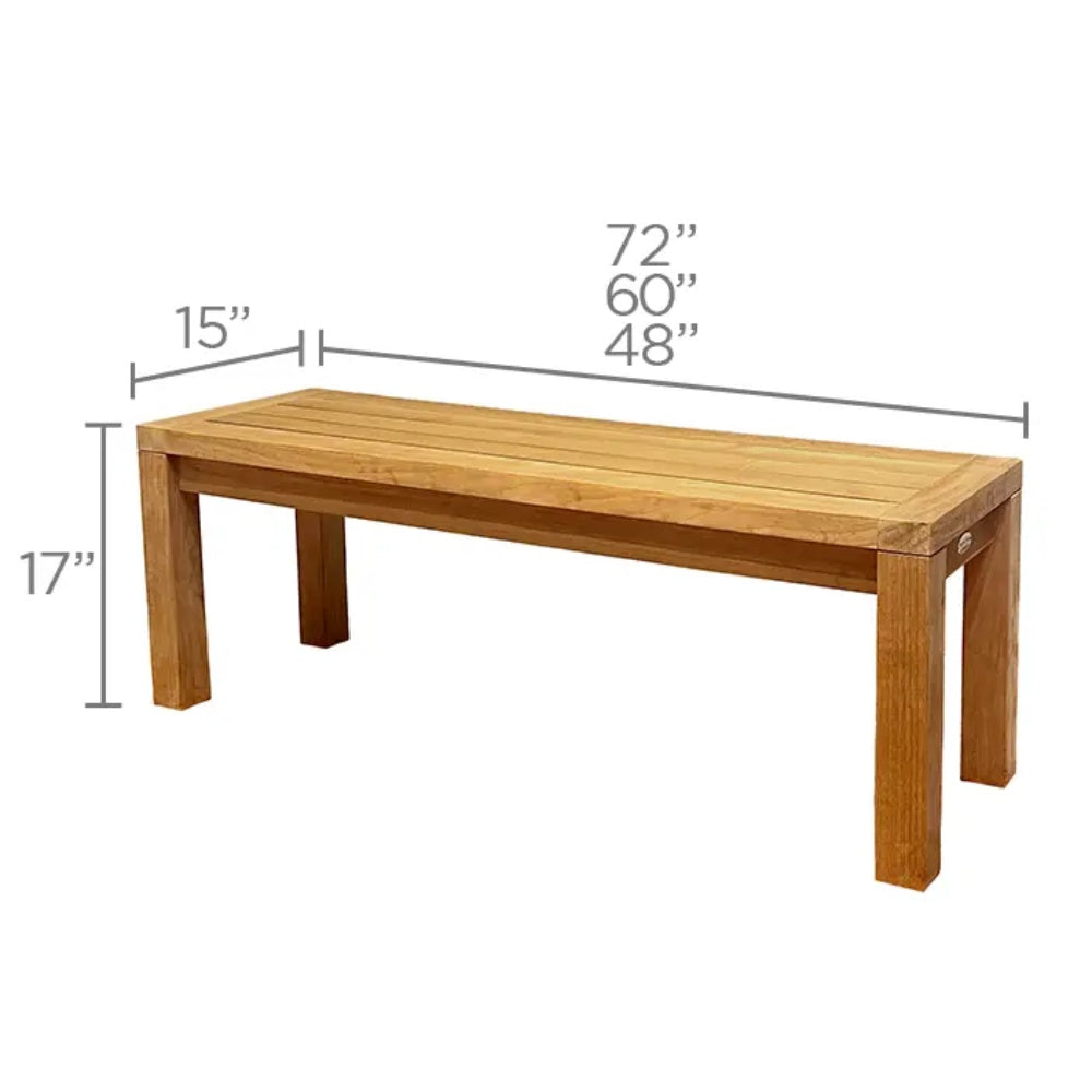 Solid teak dining bench with labeled dimensions diagram, rectangular top and tapered legs