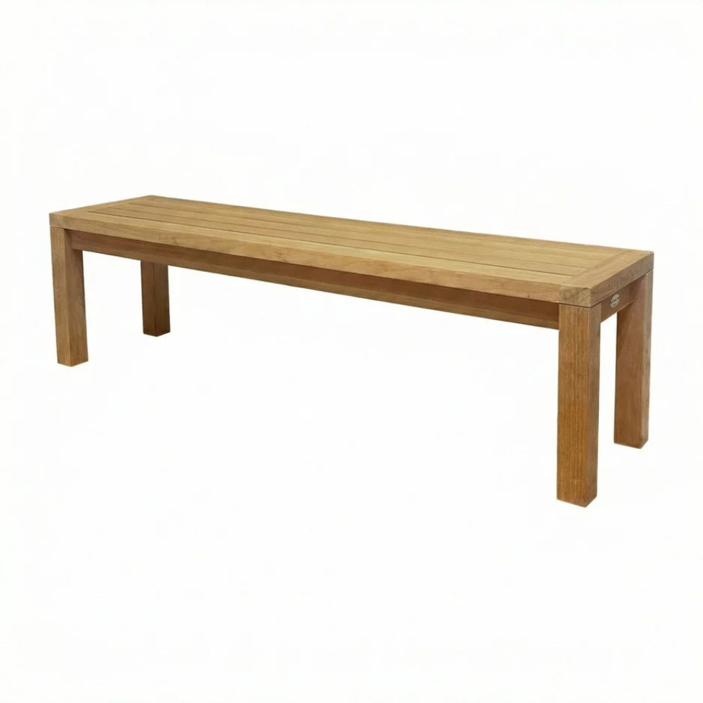 Solid teak dining bench with smooth rectangular top and four straight tapered supports
