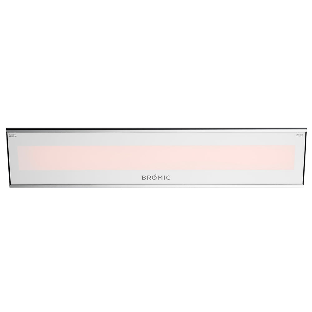 White electric heater with red heating element glow and Bromic logo front panel