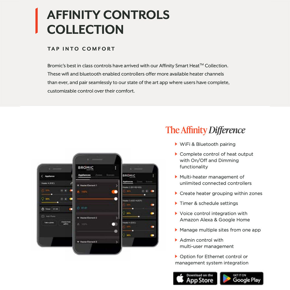 Smart-heater dimmer controller app screens on three smartphones, dark interface