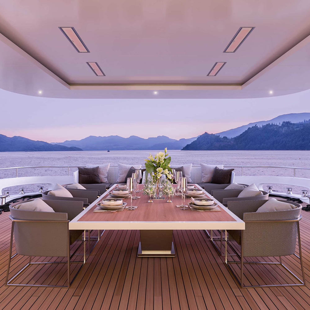 Outdoor patio with recessed ceiling heater opening above seating area