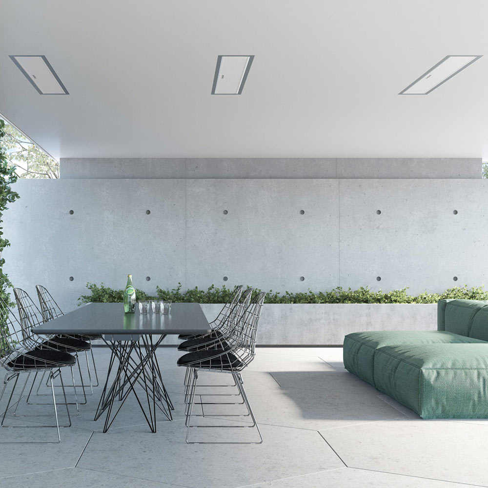Outdoor patio seating with recessed ceiling heater housing under covered ceiling