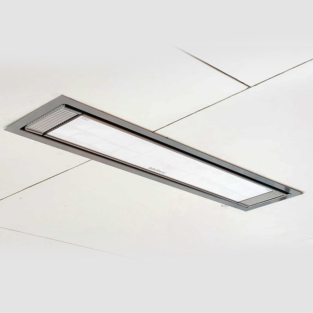 Recessed ceiling heater kit with rectangular frame and black grille vent panels