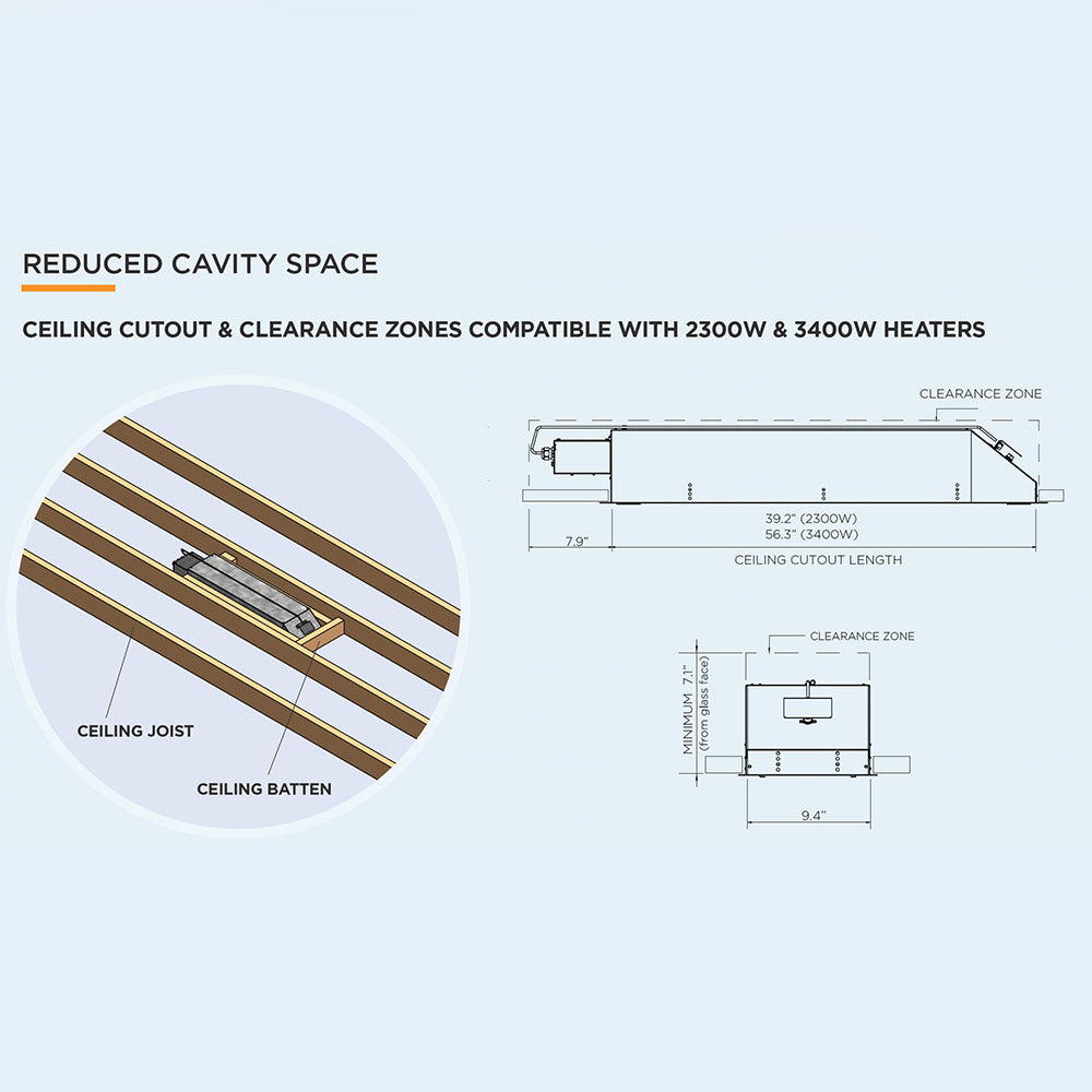 Ceiling recess kit clearance zone diagram showing ceiling cutout length and dimensions