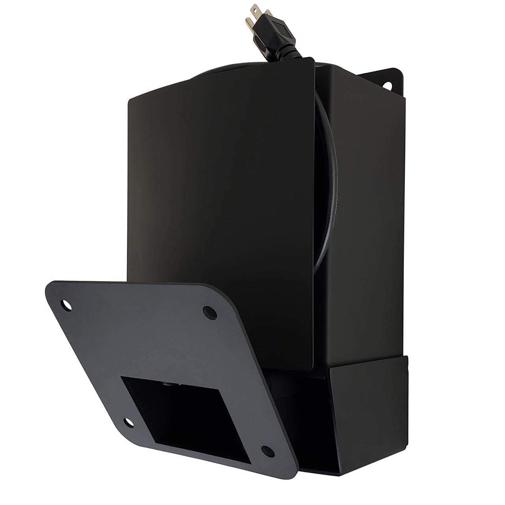 Black wall mounting bracket assembly with metal plate and power plug mount