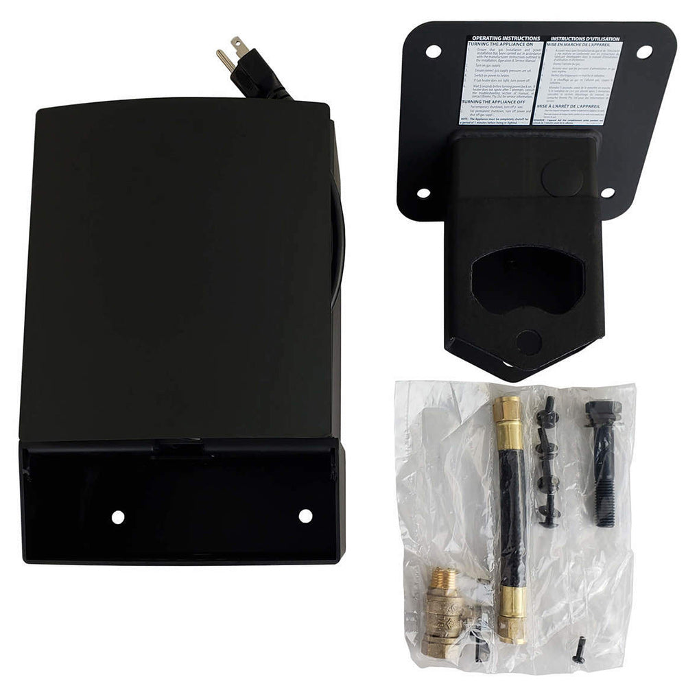 Black wall bracket with instruction label and included mounting hardware set