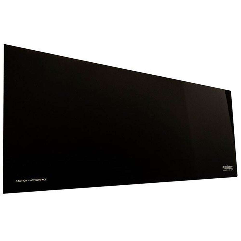 Dark heater glass panel with Bromic logo and mounting edge