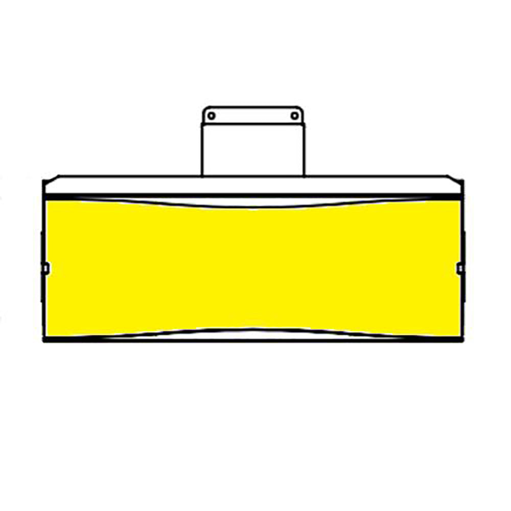 Heater glass panel cross-section with yellow window and metal frame