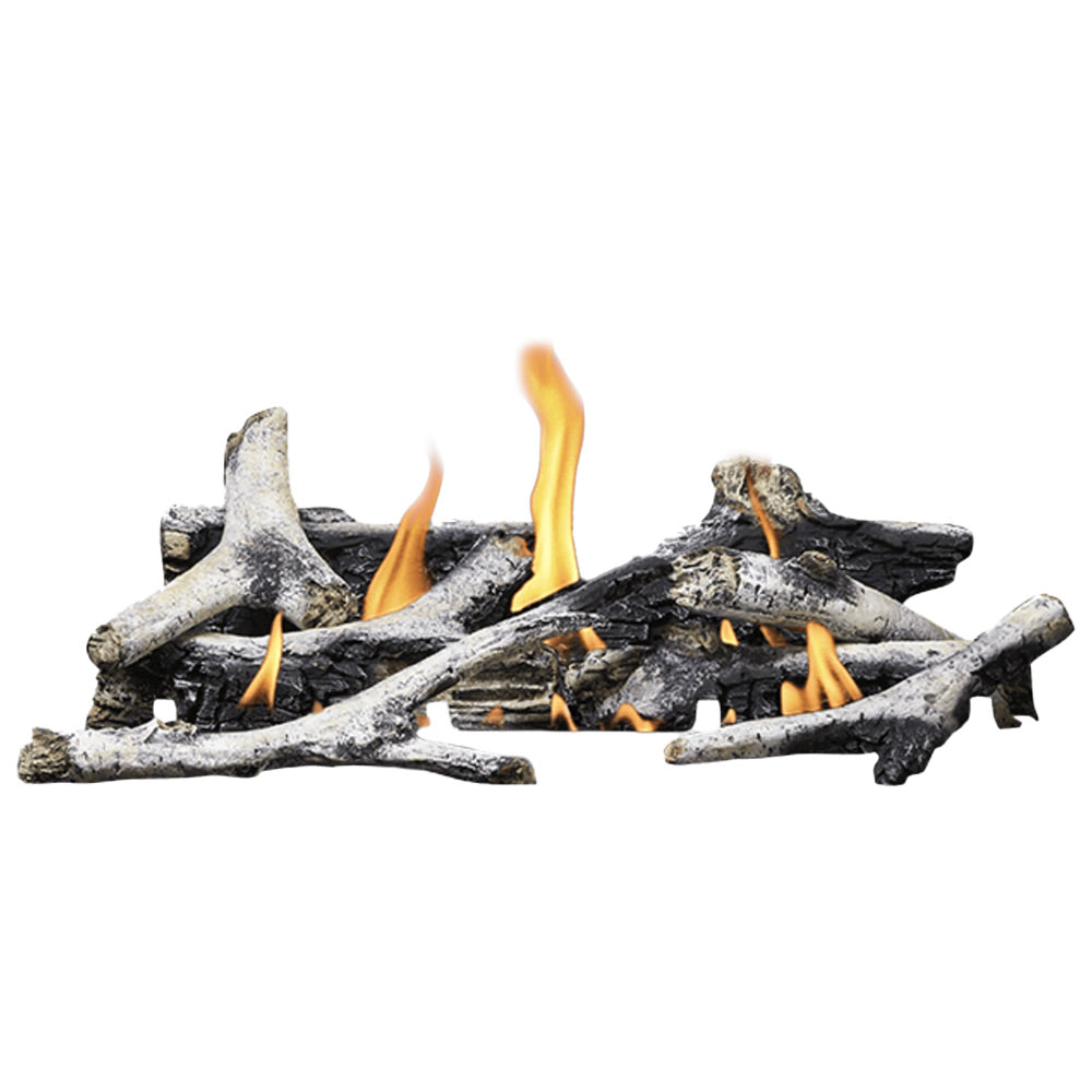 Gas fireplace log set with glowing flames on faux charred birch logs