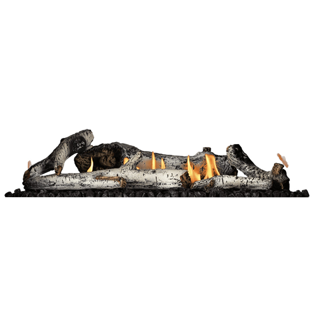 Birch log kit with glowing embers and small orange flames