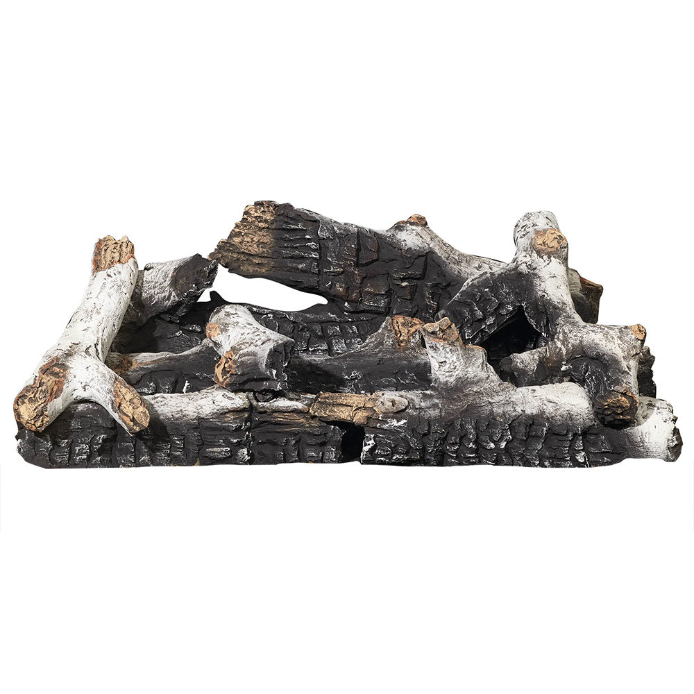 Faux fireplace log set with charred black and gray logs and light tan tips