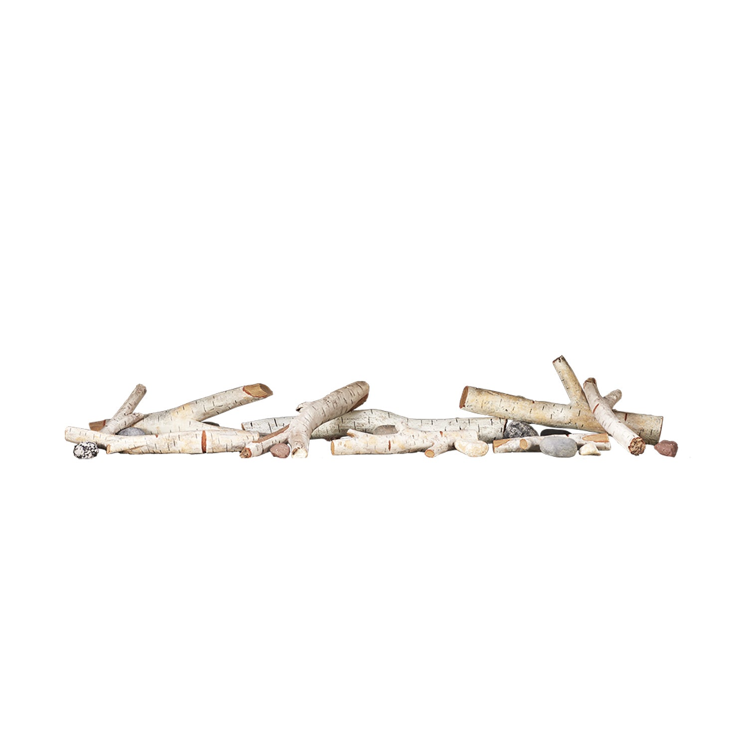 Birch log firepit kit with light gray and white faux logs arranged in a line