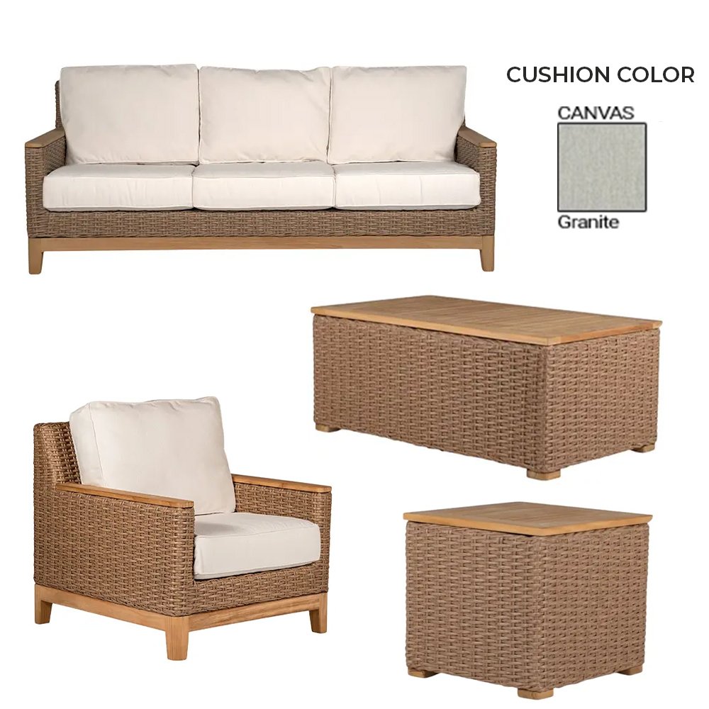 Outdoor seating set with wicker sofa, armchair, and matching ottoman tables; canvas granite cushions