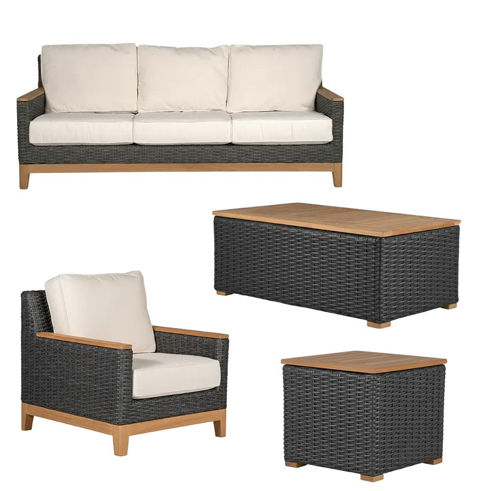 Outdoor 4-piece patio set with dark wicker sofa, dark armchair, and coffee tables with wood tops