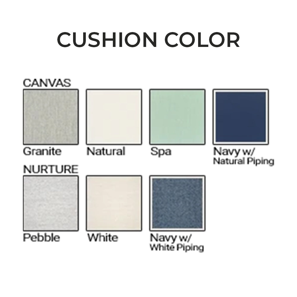 Cushion color swatches in canvas granite, canvas natural, spa, navy, pebble, and white