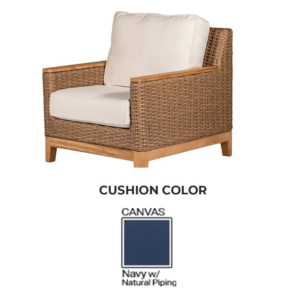 Honey woven club chair with navy seat and back cushions
