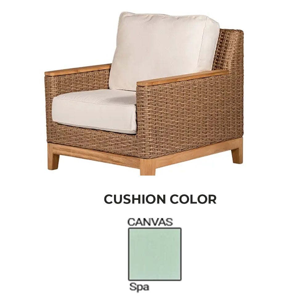 Club chair with woven honey frame and spa canvas cushions