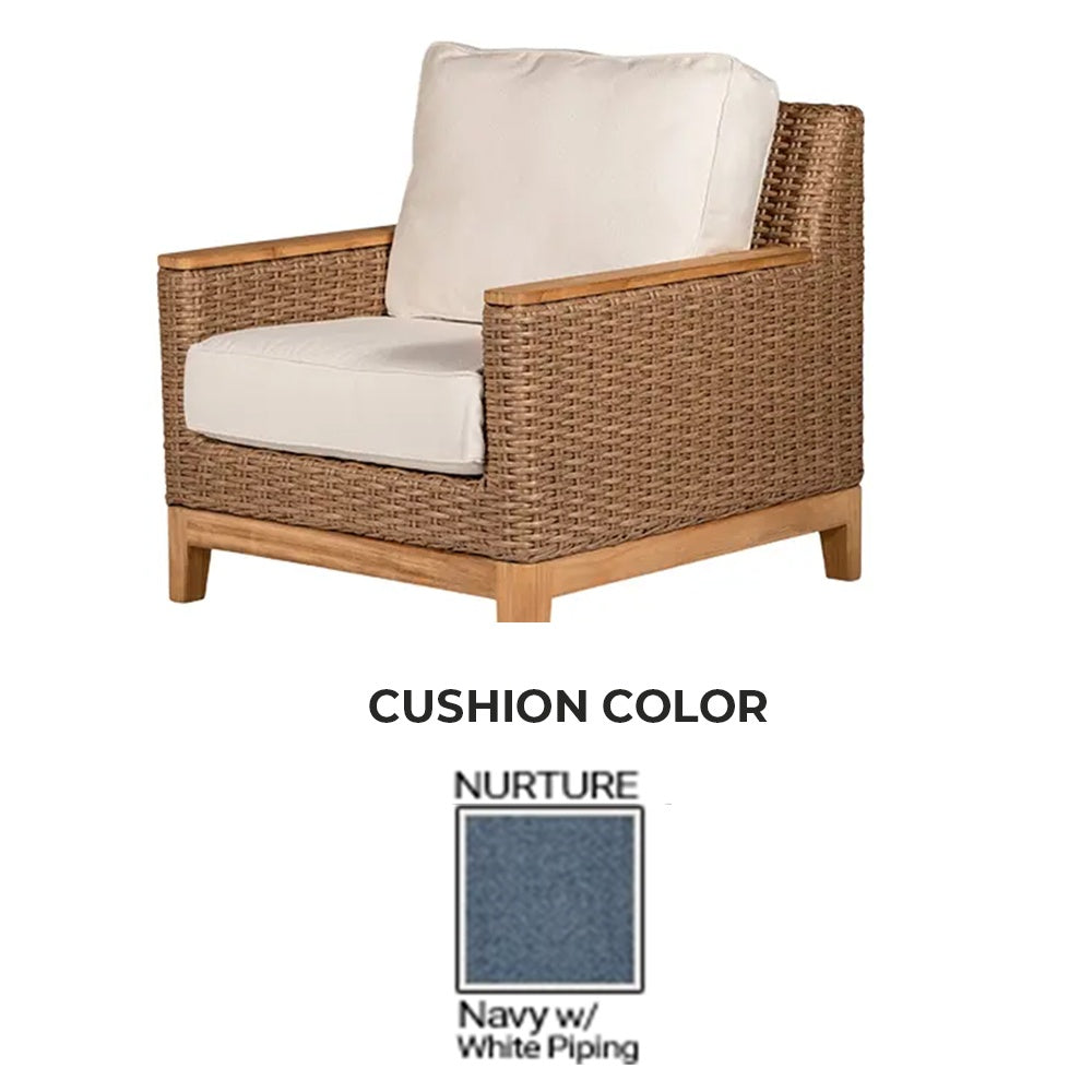 Club chair with woven honey frame and navy cushion with white piping