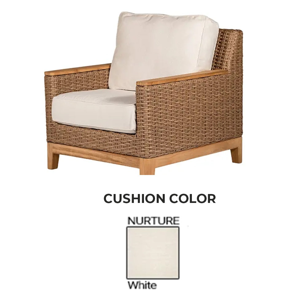 Club chair with woven honey frame and white cushion