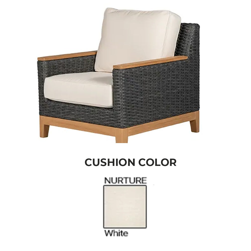 Club chair with woven charcoal frame and white cushion