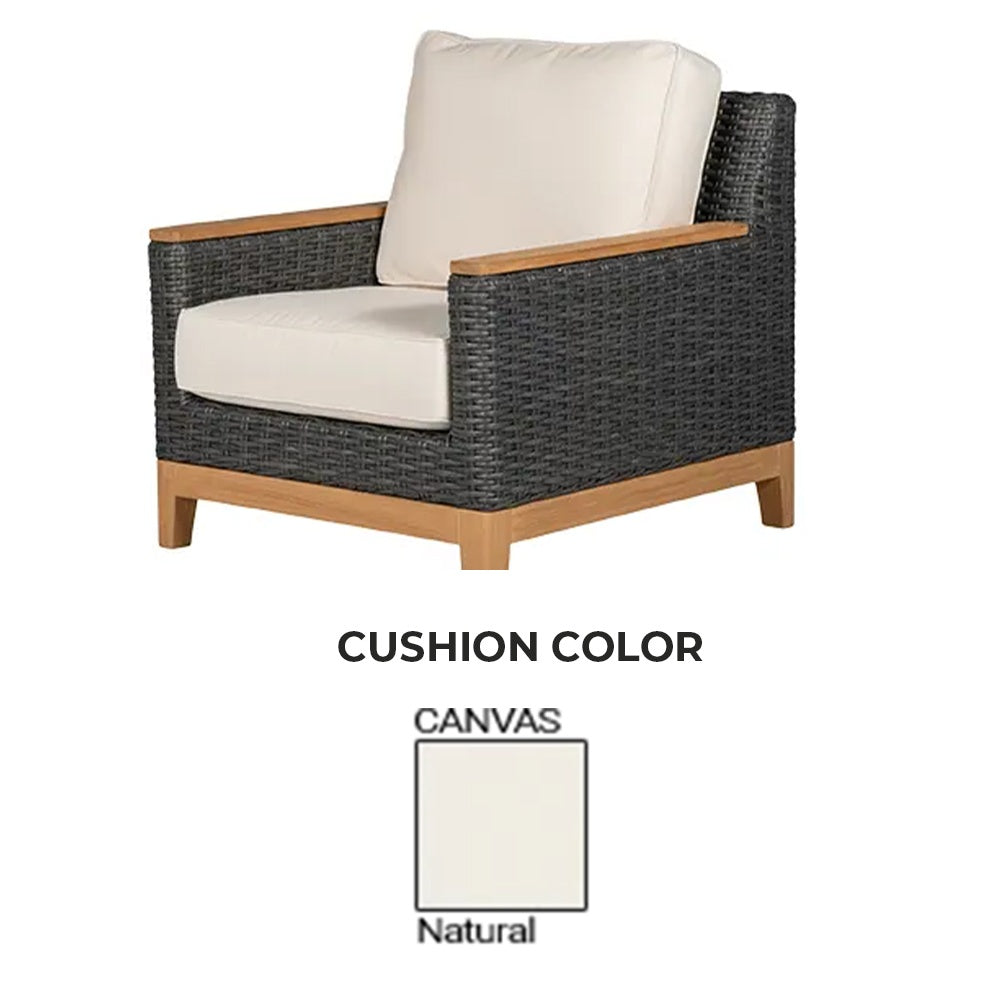 Club chair with woven charcoal frame and canvas natural cushions