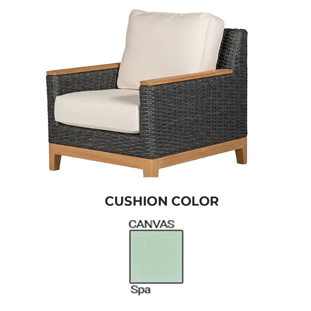 Charcoal woven club chair with light cream seat and back cushion, honey wood legs