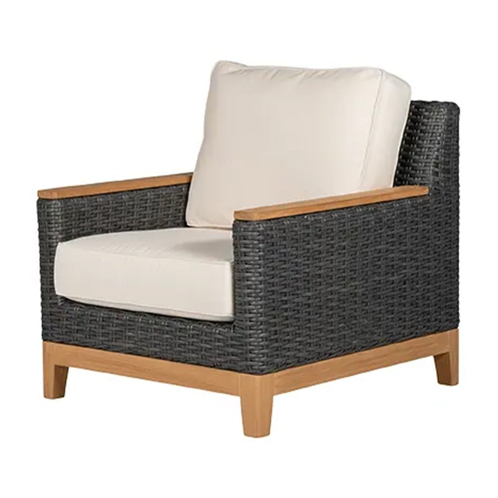 Charcoal woven club chair with light beige seat and back cushions