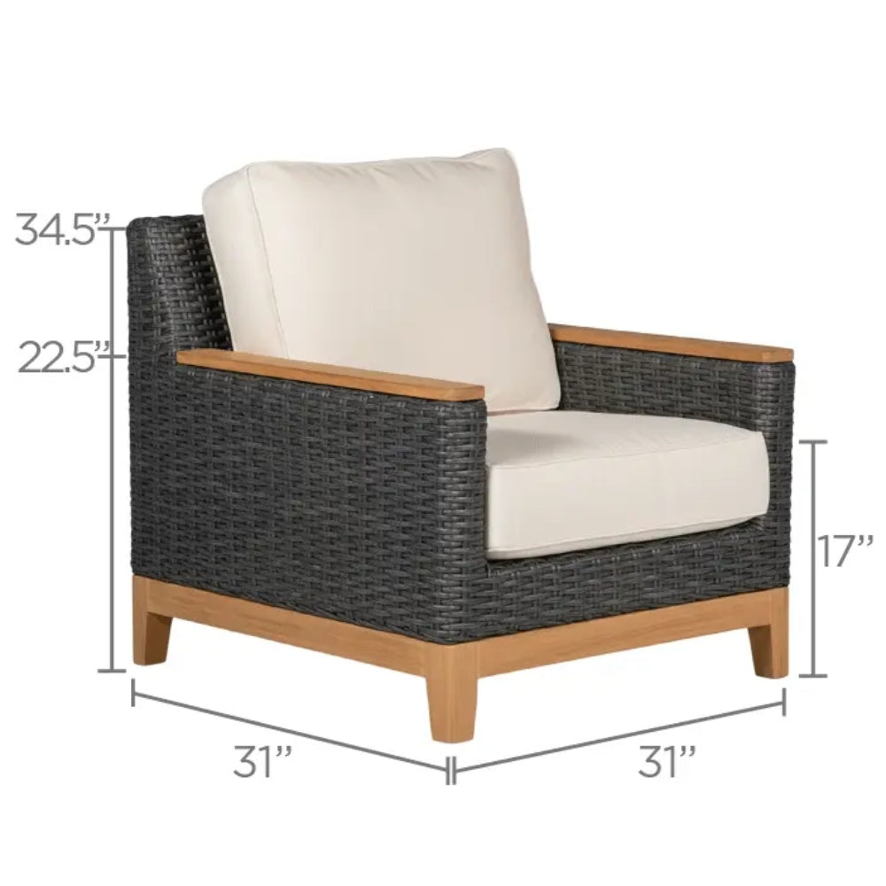 Charcoal woven club chair with light beige seat and back cushions