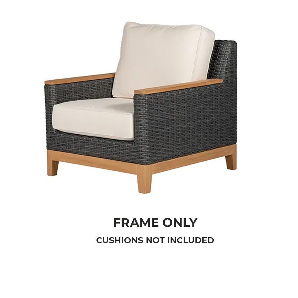 Charcoal woven club chair frame with honey wood legs, no cushion