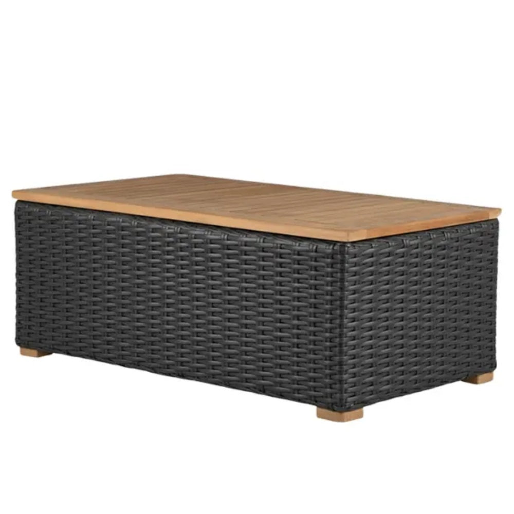 Outdoor coffee table with dark charcoal woven base and light wood rectangular tabletop