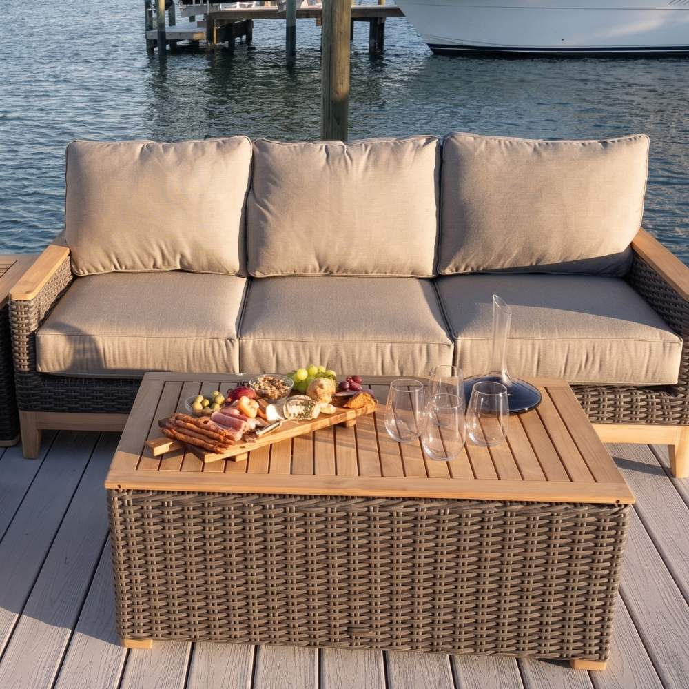 Outdoor coffee table with beige woven base and light wood tabletop