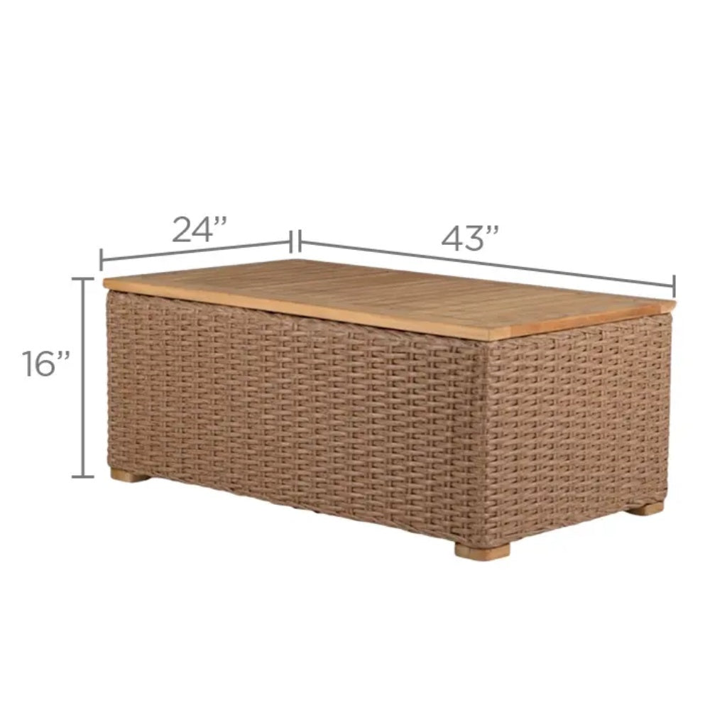Outdoor coffee table, 24x43 in, beige woven base with light wood tabletop