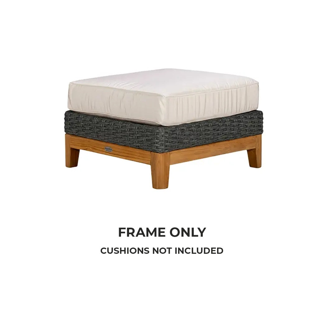 Outdoor ottoman frame only with dark woven surround and light wood legs