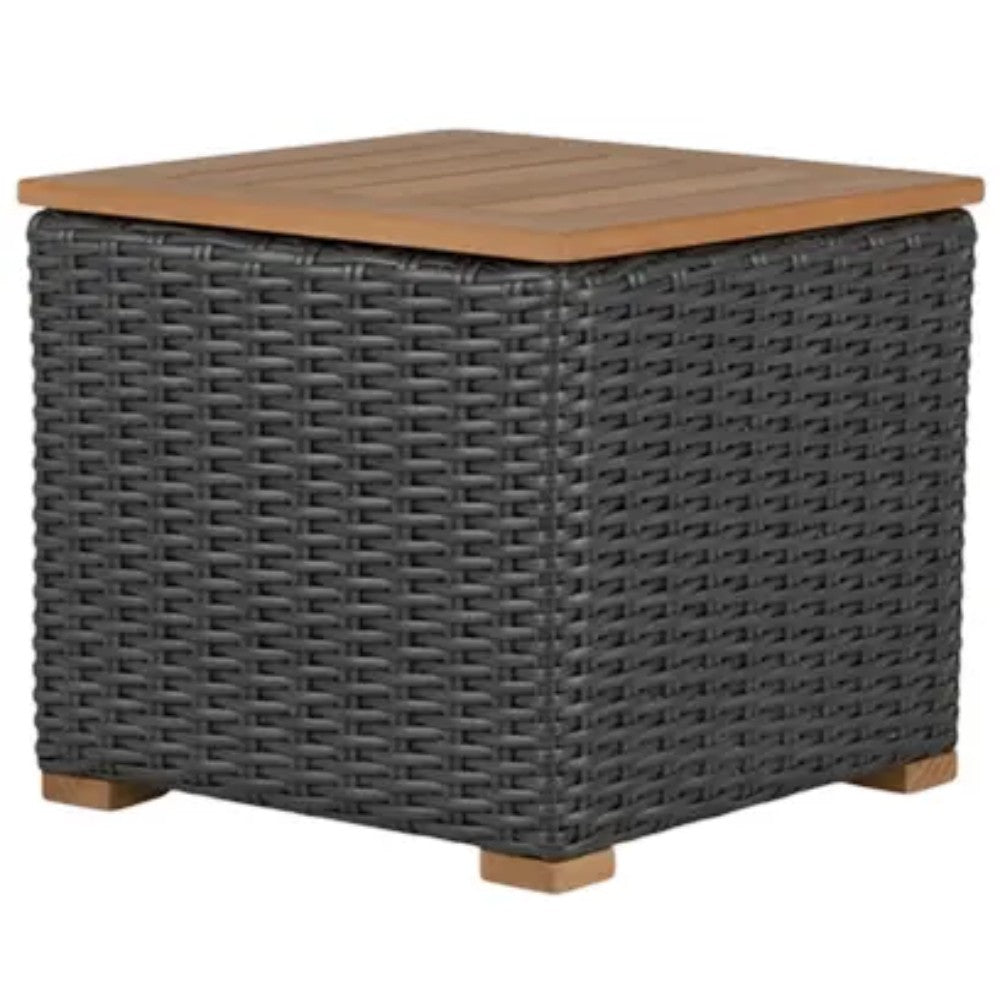 Dark wicker side table with wood-look top and tapered legs