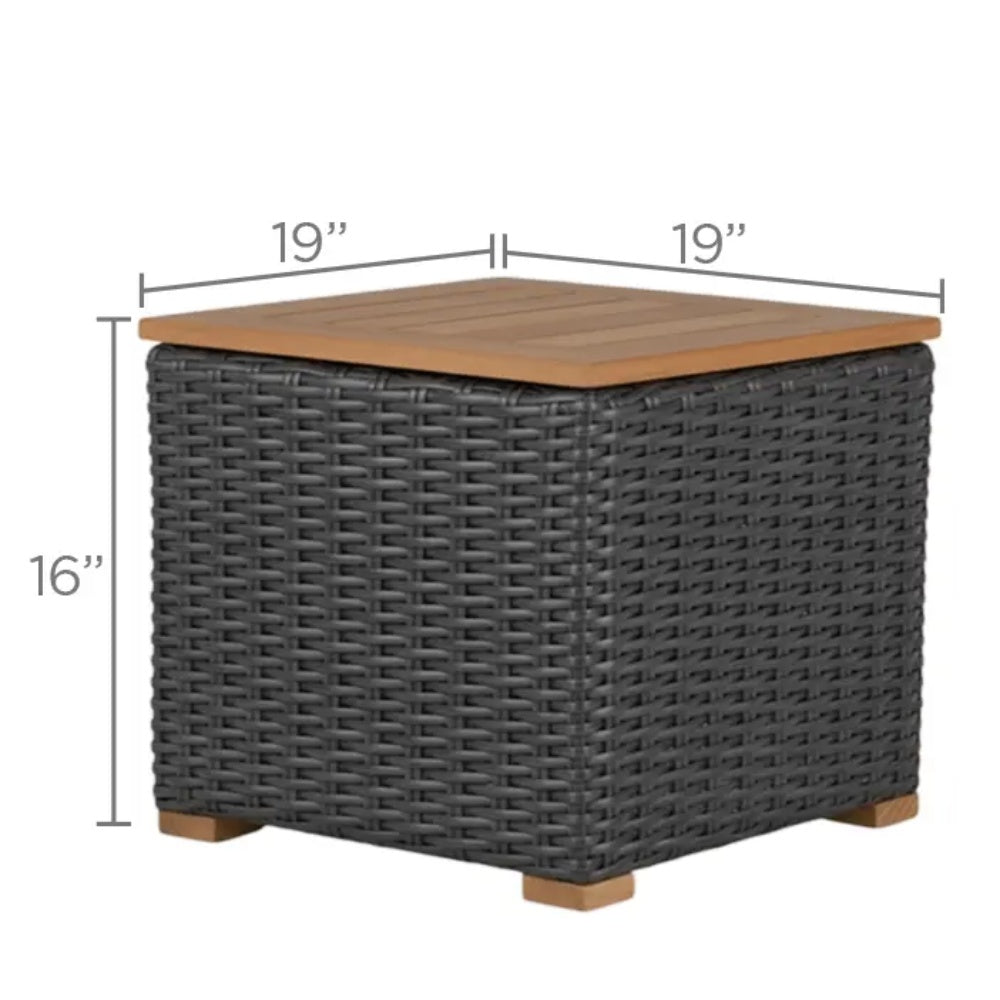 Dark wicker side table with wood top, 19 in x 16 in dimensions